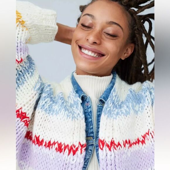 Anthropologie Grazia Chunky Striped Cardigan Sweater Size XS/S Colorful Knit EUC - Picture 4 of 13